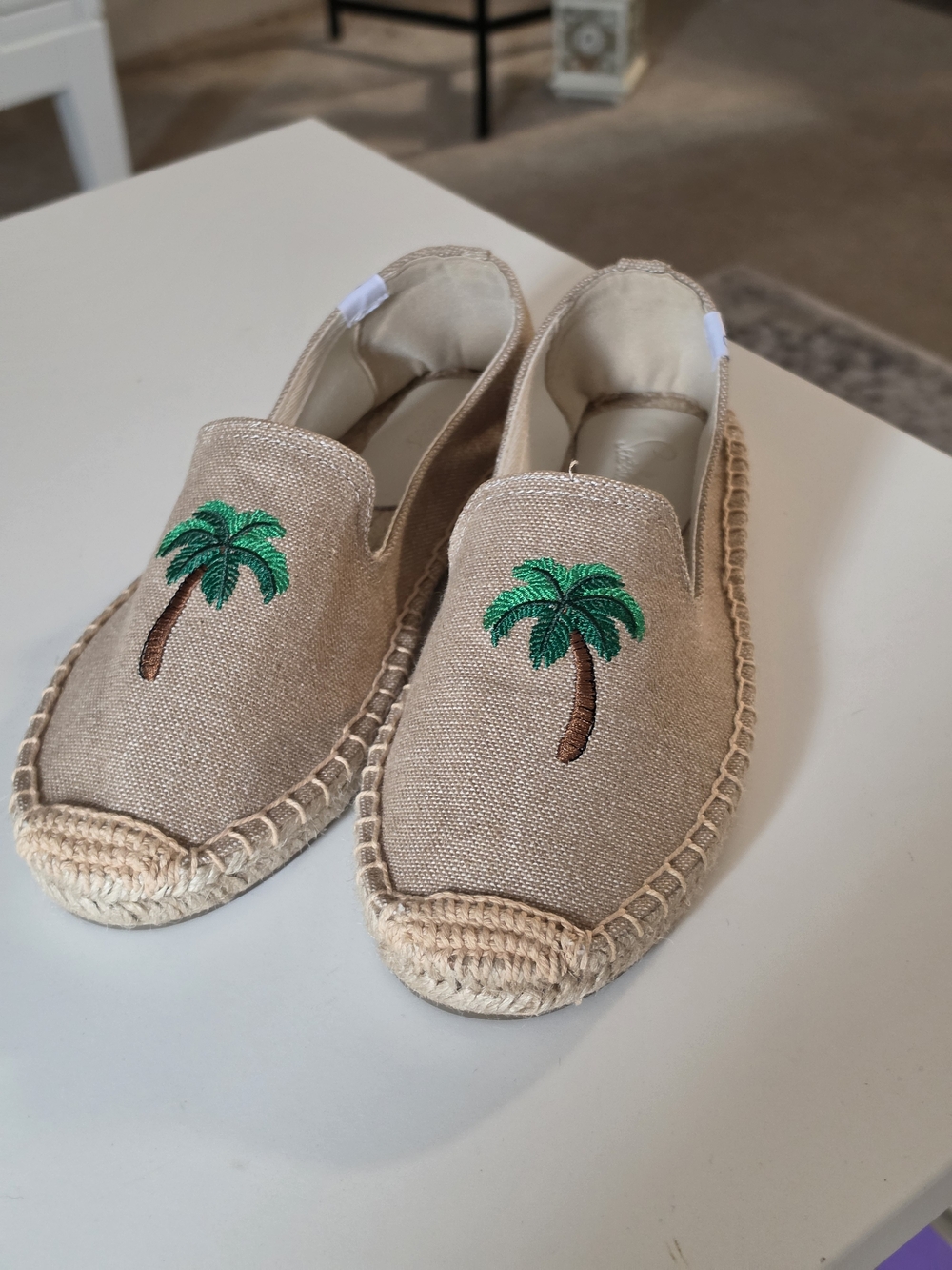 Beige Palm Embroidered Espadrilles - Women Size 8W-8.5
